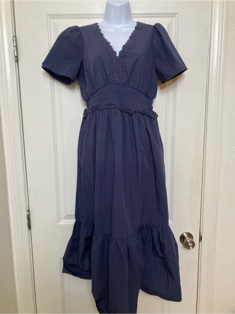 Market & Spruce Dress Navy Blue Tiered Eyelet Trimmed Ruffle Cottagecore Size S
